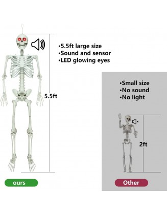 5.5FT Skeleton Halloween Decorations Life Size for Outdoor Indoor Decor -with LED Glowing Eyes Realistic Full Body Size Skeleton Pose and Stay, Large Hanging Halloween Posable Skeleton Movable Joints