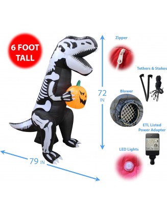 6 Foot Tall Halloween Inflatable Skeleton Dinosaur Tyrannosaurus T-Rex with Pumpkin Lights Lighted Blowup Party Decoration for Outdoor Indoor Home Garden Family Prop Yard