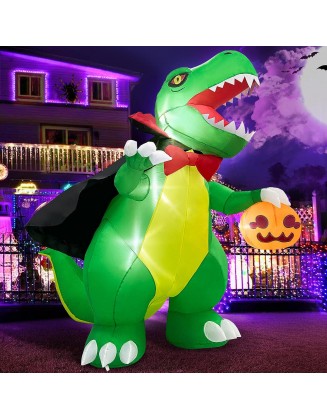 6 FT Huge Halloween Inflatables Outdoor Decorations - Blow Up Dinosaur Wear Vampire Cloak & Holding Pumpkin Halloween Yard Decorations, Built-in LEDs Lights Décor for Party Garden Lawn Holiday