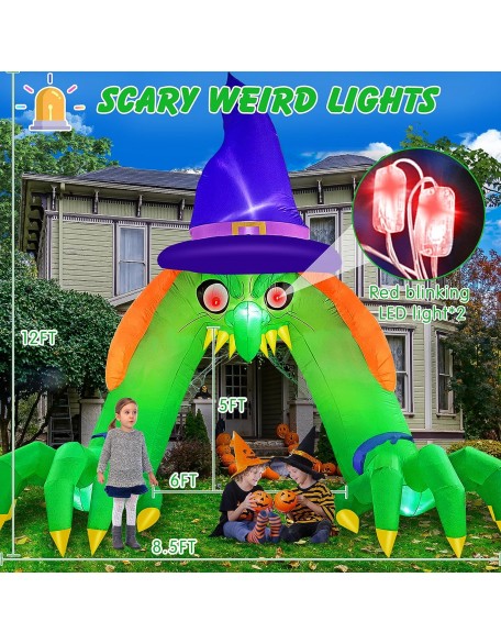 12 FT Tall Halloween Inflatables Green Witch Archway Outdoor Decorations with Glowing Red Eyes, Build-in LEDs & Tethers Stakes Witch Halloween Blow Up Yard Decoration for Party, Indoor, Garden, Lawn
