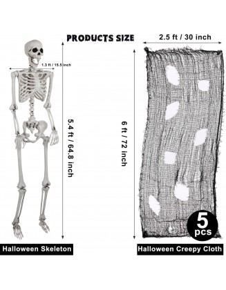 5.4ft/165cm Full Size Halloween Skeleton + 5Pcs Halloween Creepy Cloth - Realistic  Human Skeletons with Movable Joins, for Halloween Decorations, Haunted House, Theme Party