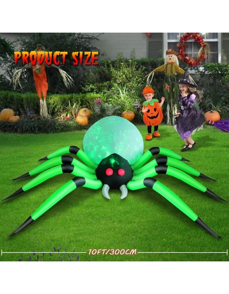 10 FT Halloween Inflatable Spider Outdoor Decorations for Yard, Blow Up Halloween Decorations Spider Built-in Fire Flame LED Lights, Scary Green Spider for Party Garden Lawn Porch Holiday Room Decor
