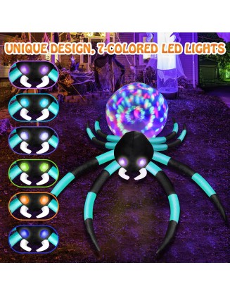12Ft Halloween Inflatables Spider with 7-Colors Changing LED Lights, Halloween Decorations Outdoor Spider with Rotating Lights & Glowing Eyes, Large Creepy Spider Props for Yard Garden Decor（Cyan）