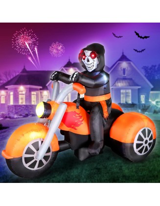 6 FT Halloween Inflatable Skeleton Ghost Riding on Motorcycle Bike, Blow Up Outdoor Decoration Clearance with Built-in LED Lights for Yard Garden Lawn Home Party Decorations