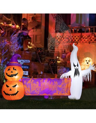 Afirst Halloween Inflatables Outdoor Decoration - Halloween Blow Up Yard Decorations Ghost Pumpkin Holding Happy Halloween Banner with Built-in Lights for Holiday Party Yard Garden