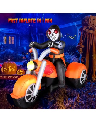6 FT Halloween Inflatable Skeleton Ghost Riding on Motorcycle Bike, Blow Up Outdoor Decoration Clearance with Built-in LED Lights for Yard Garden Lawn Home Party Decorations