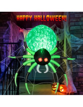 8 FT Halloween Inflatable Spider Decorations, Blow Up Hanging Spider Outdoor Decorations with LED Rotating Flame, Giant Green Spider for Windows Roof Gates Halloween Party Garden Yard Lawn Patio Doors