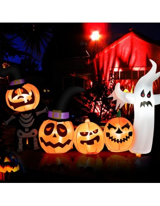 7.5 FT Long Halloween Inflatable Decorations, Spooky Ghost and 4 Pumpkins Combo, Halloween Blow Up Pumpkins Ghost Decor with Build-in LED Lights for Yard Lawn Garden Indoor Outdoor Holiday Party