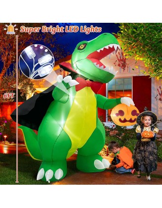 6 FT Huge Halloween Inflatables Outdoor Decorations - Blow Up Dinosaur Wear Vampire Cloak & Holding Pumpkin Halloween Yard Decorations, Built-in LEDs Lights Décor for Party Garden Lawn Holiday