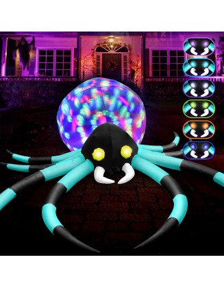 12Ft Halloween Inflatables Spider with 7-Colors Changing LED Lights, Halloween Decorations Outdoor Spider with Rotating Lights & Glowing Eyes, Large Creepy Spider Props for Yard Garden Decor（Cyan）