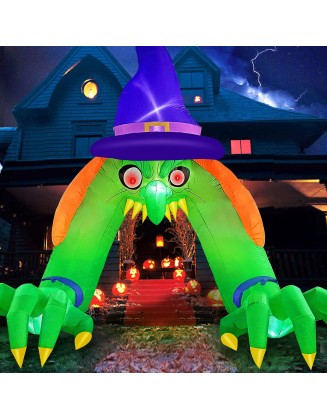 12 FT Tall Halloween Inflatables Green Witch Archway Outdoor Decorations with Glowing Red Eyes, Build-in LEDs & Tethers Stakes Witch Halloween Blow Up Yard Decoration for Party, Indoor, Garden, Lawn