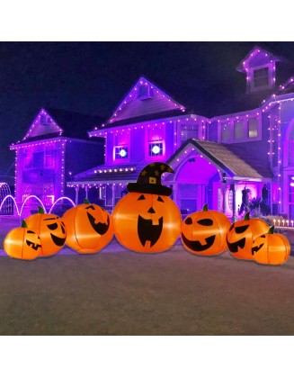 12FT Long Halloween Inflatables Outdoor Decorations 7 Pumpkins with 1 Witch Hat with Build-in LED Lights Blow Up for Yard Garden Lawn Decor Outside Halloween Holiday Party