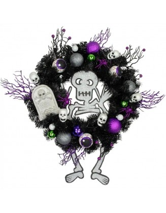 24 in. Purple and Black Unlit Spooky Skeleton Pine Halloween Wreath