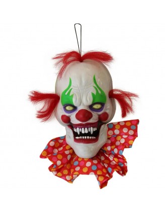 20 in. Hanging Talking Clown Head, Halloween Decoration for Indoor or Covered Outdoor Display, Battery-Operated, Red
