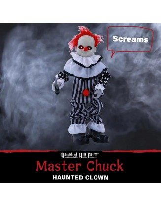 25 in. Battery Operated Poseable Animatronic Clown with Red LED Eyes Halloween Prop