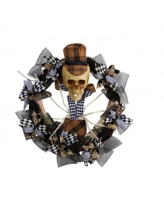 24 in. Black Skull in Plaid Mesh Halloween Wreath