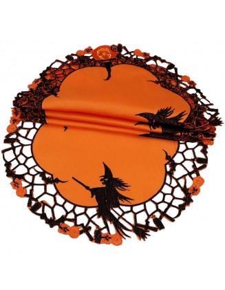 0.1 in. x 16 in. Round Witch Embroidered Cutwork Halloween Doilies (4-Set)