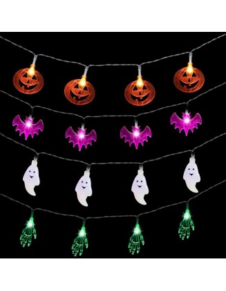 15 ft. Multi-Color IP44-Waterproof 30-LED String Lights-Flat Ghost Pumpkin Bat Skeleton Hand (Set of 4) Halloween Lights