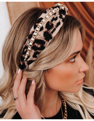 Classy Pearl Chain Twist Headband - Leopard