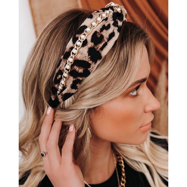 Classy Pearl Chain Twist Headband - Leopard